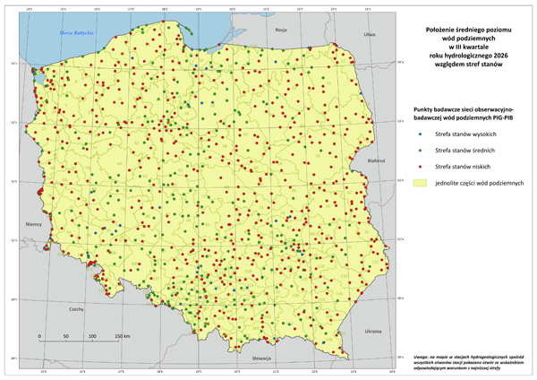 Poziom wód podziemnych w III kwartale roku hydrologicznego 2026 w punktach badawczych sieci SOBWP. Mapa Polski z lokalizacją punktów z zaznaczonymi strefami stanów wód podziemnych