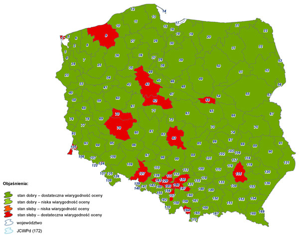 Mapa z podziałem Polski na 172 jednolite części wód podziemnych z pokazaną oceną stanu chemicznego.