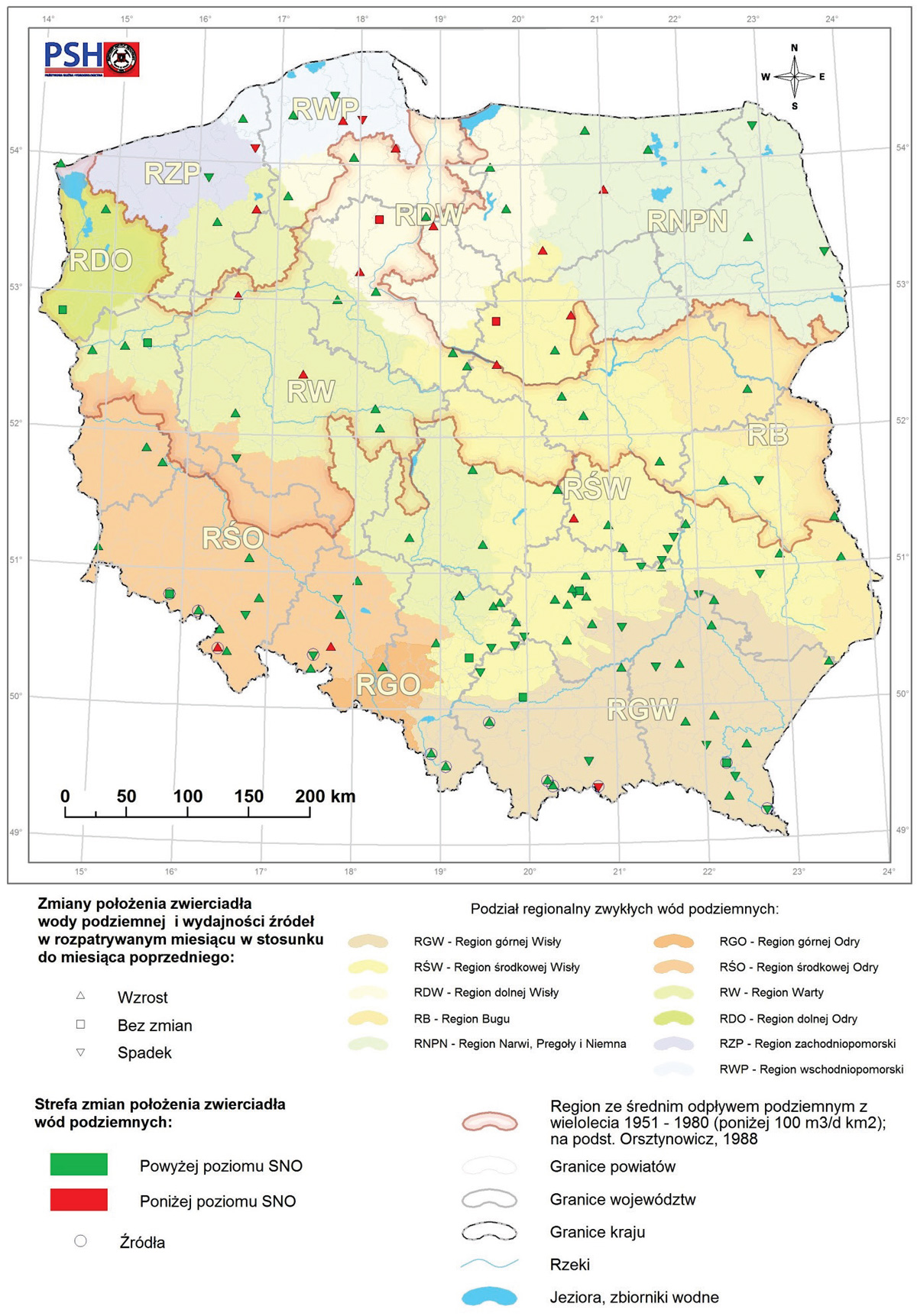 Mapa wybranych punktów reprezentatywnych sieci monitoringu wód podziemnych prezentująca poziom rezerw zasobów wód podziemnych w grudniu 2016 r.