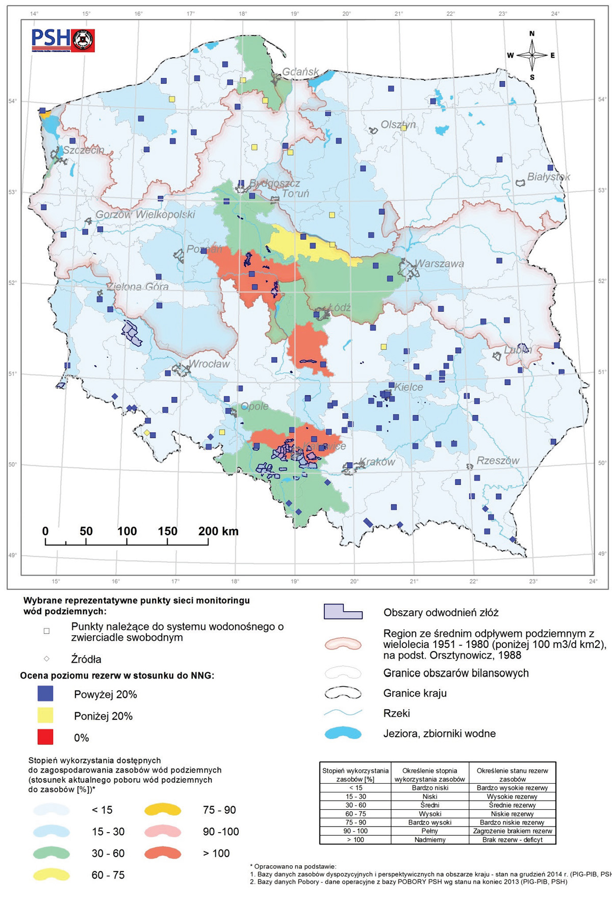 Mapa wybranych punktów reprezentatywnych sieci monitoringu wód podziemnych prezentująca poziom rezerw zasobów wód podziemnych w grudniu  2016 r.