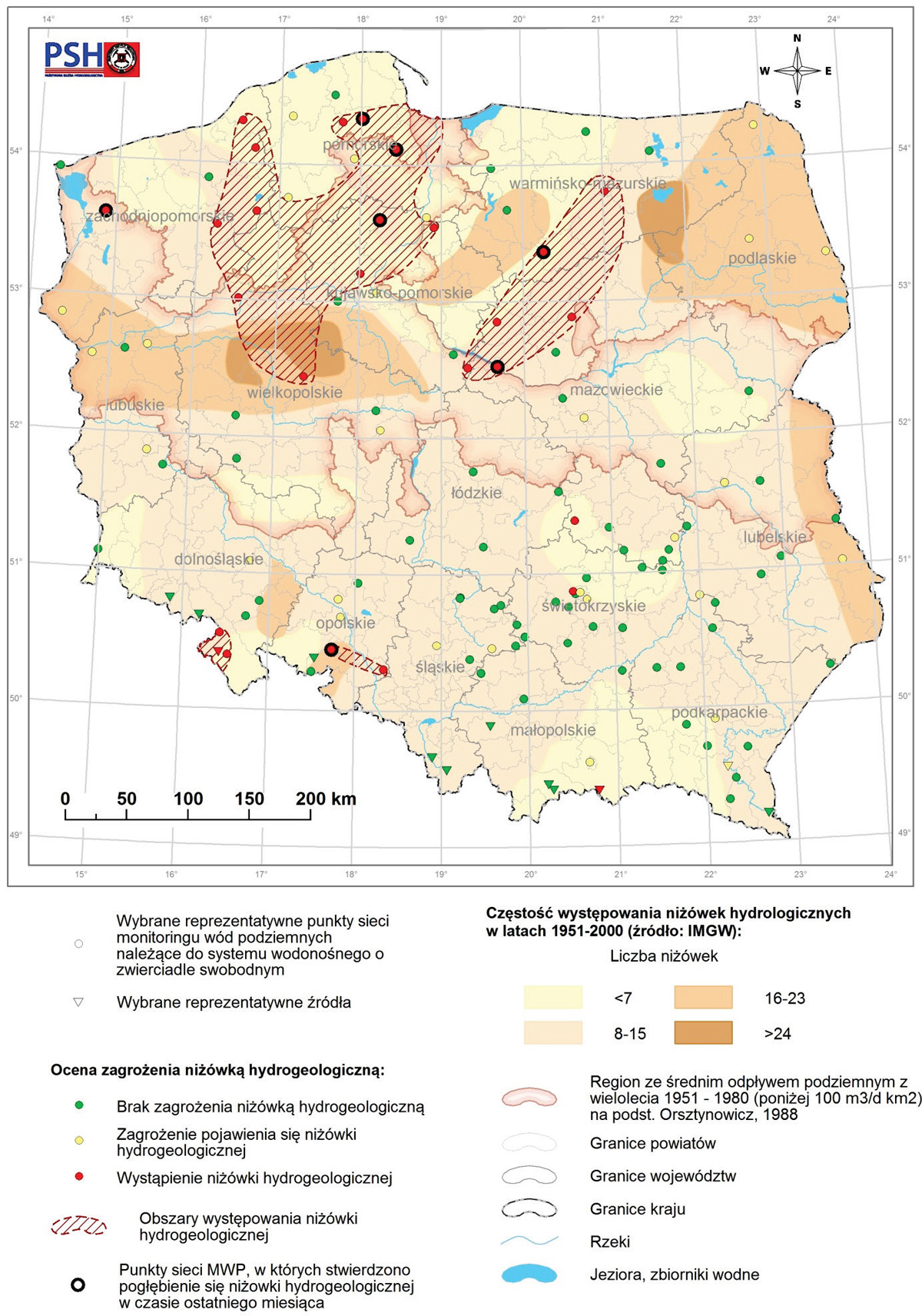 Mapa wybranych reprezentatywnych punktów monitoringu wód podziemnych przedstawiająca wskaźnik zagrożenia niżówką hydrogeologiczną w grudniu  2016 r.