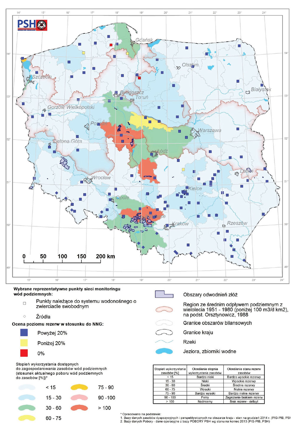 Mapa wybranych punktów reprezentatywnych sieci monitoringu wód podziemnych prezentująca poziom rezerw zasobów wód podziemnych w lutym 2017 r.