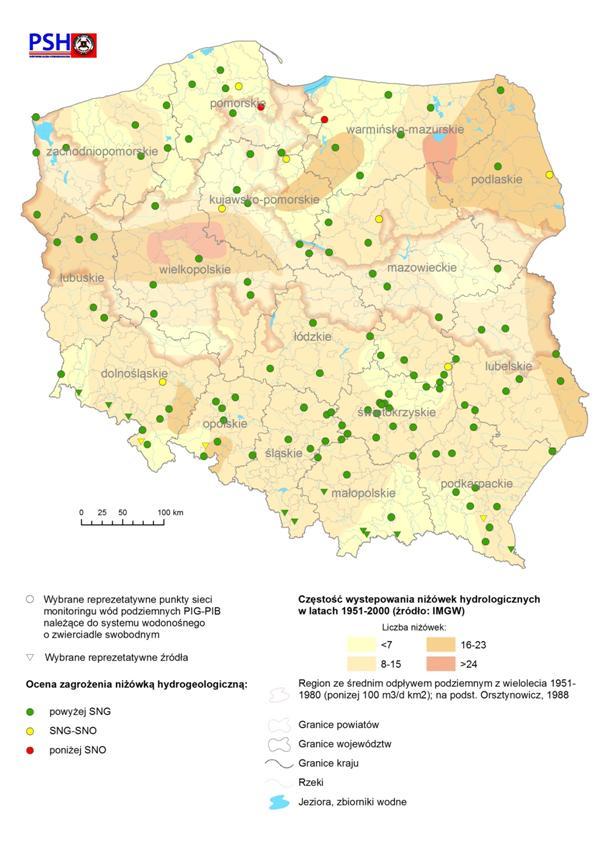 Mapa wybranych reprezentatywnych punktów monitoringu wód podziemnych przedstawiająca wskaźnik zagrożenia niżówką hydrogeologiczną w styczniu 2018 r.