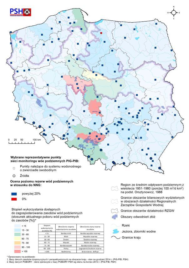 Mapa wybranych punktów reprezentatywnych sieci monitoringu wód podziemnych prezentująca poziom rezerw zasobów wód podziemnych w styczniu 2018 r.