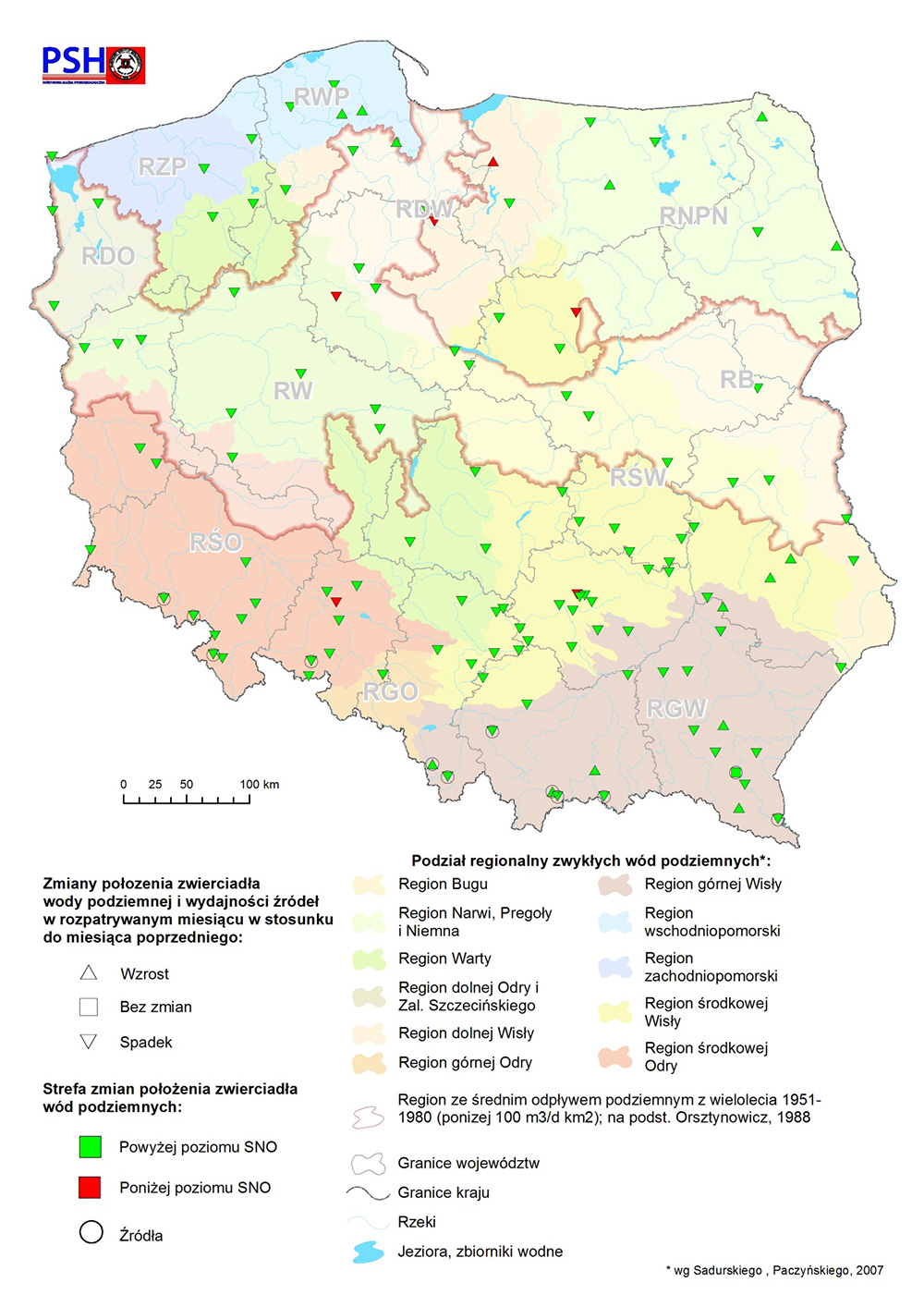  Mapa zmian położenia zwierciadła wody podziemnej i wydajności źródeł w wybranych reprezentatywnych punktach monitoringu wód podziemnych w II kwartale roku hydrologicznego 2018