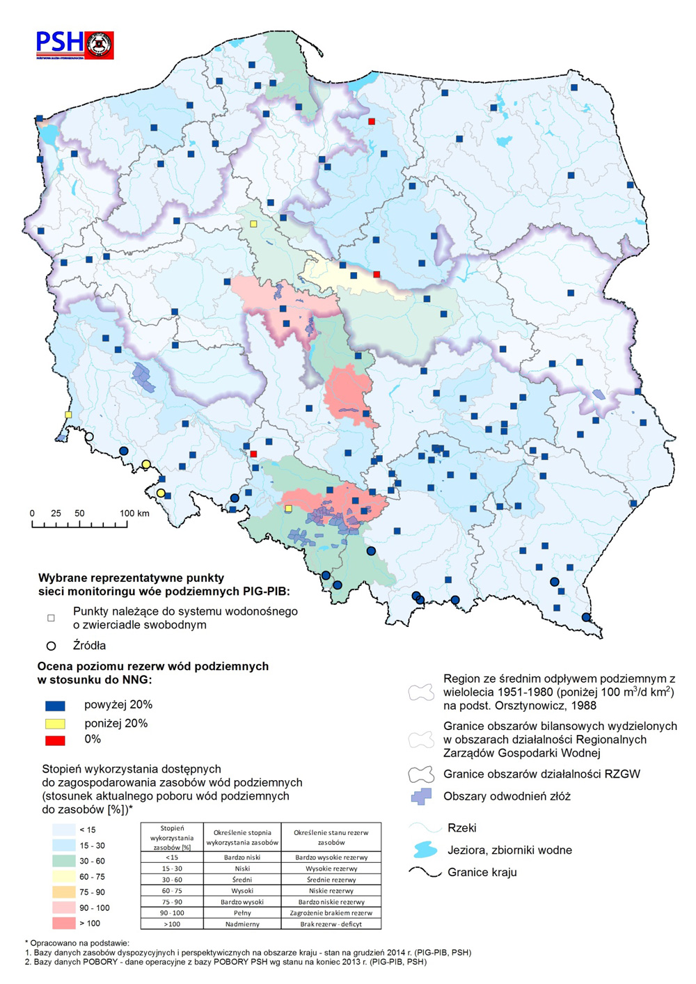 Mapa wybranych punktów reprezentatywnych sieci monitoringu wód podziemnych prezentująca poziom rezerw zasobów wód podziemnych w styczniu 2018 r.