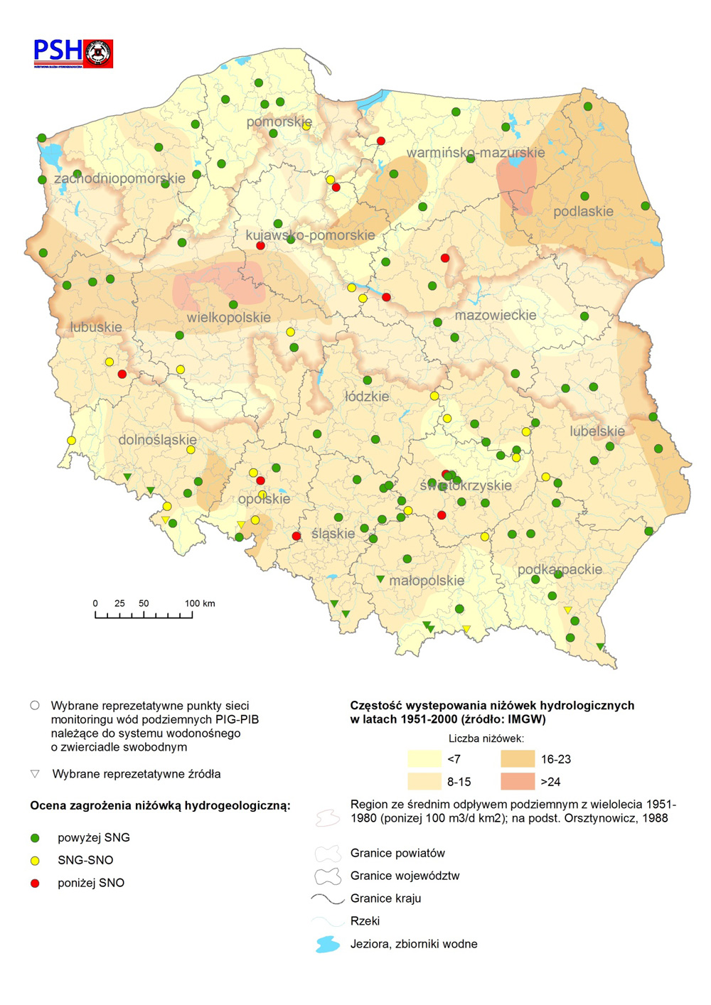 Mapa wybranych reprezentatywnych punktów monitoringu wód podziemnych przedstawiająca wskaźnik zagrożenia niżówką hydrogeologiczną