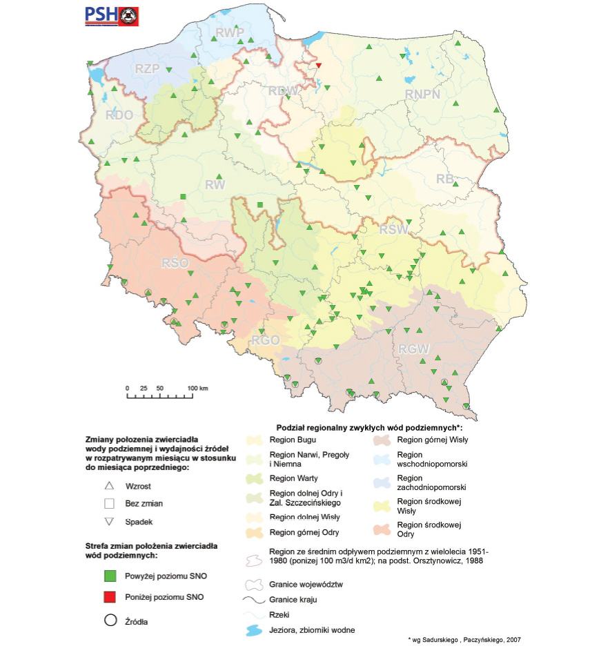  Mapa zmian położenia zwierciadła wody podziemnej i wydajności źródeł w wybranych reprezentatywnych punktach monitoringu wód podziemnych w II kwartale roku hydrologicznego 2018