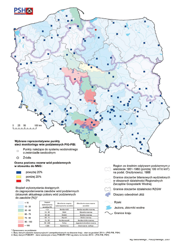 Mapa wybranych punktów reprezentatywnych sieci monitoringu wód podziemnych prezentująca poziom rezerw zasobów wód podziemnych w styczniu 2018 r.