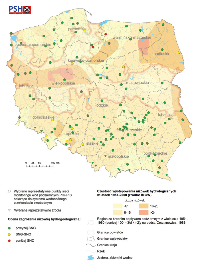 Mapa wybranych reprezentatywnych punktów monitoringu wód podziemnych przedstawiająca wskaźnik zagrożenia niżówką hydrogeologiczną