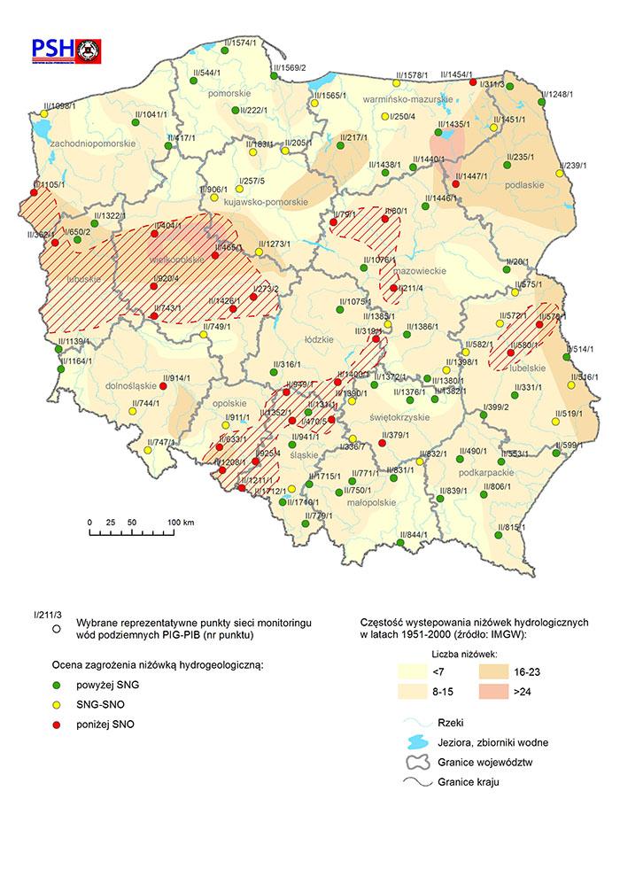 Lokalizacja obszarów, w obrębie których prognozuje się wystąpienie niżówki hydrogeologicznej w sierpniu 2019 r.