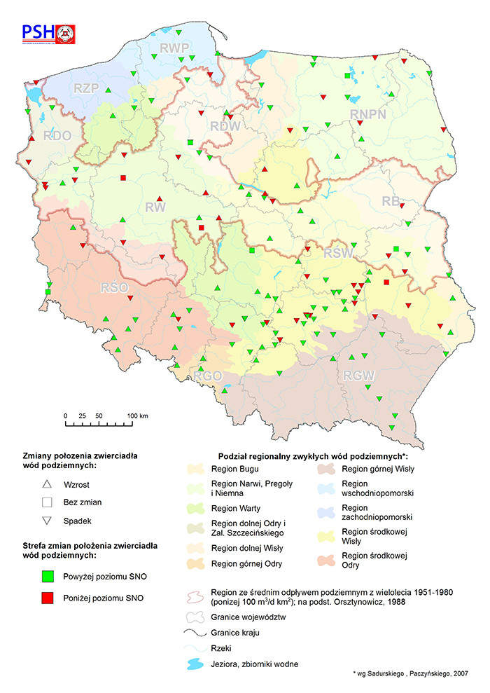  Mapa zmian zwierciadła wody podziemnej w objętych analizą punktach sieci obserwacyjno-badawczej wód podziemnych we wrześniu 2020 r.