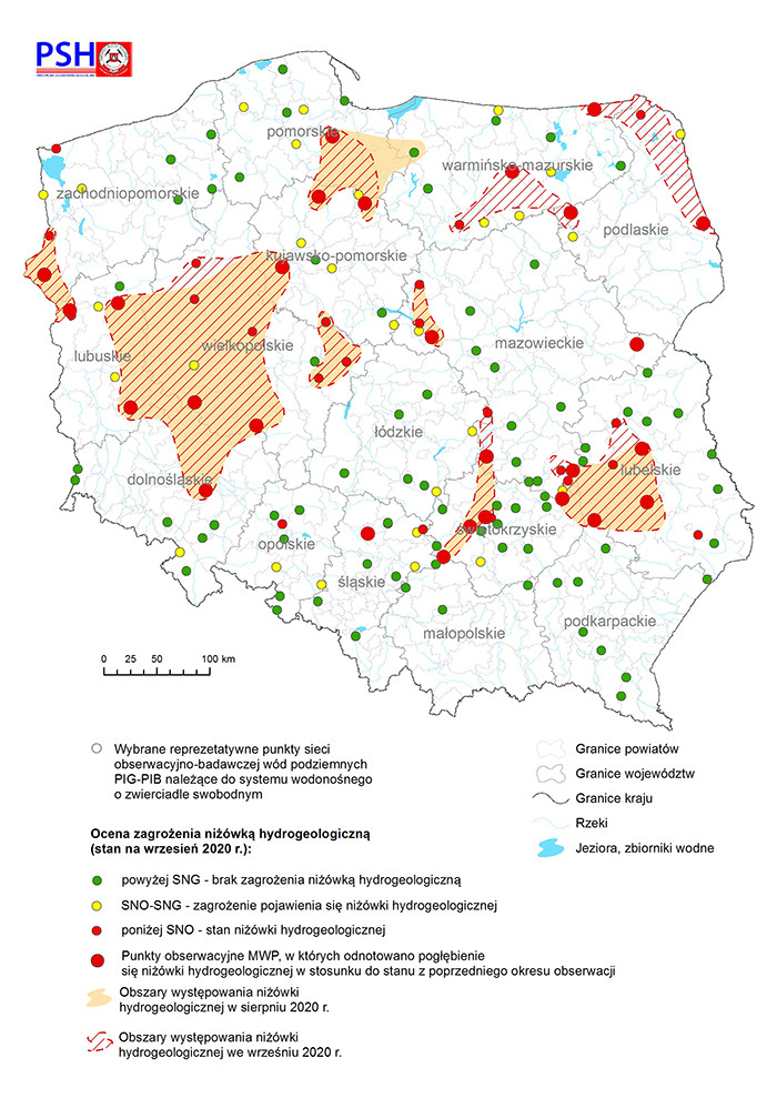 Mapa przedstawiająca zagrożenie niżówką hydrogeologiczną we wrześniu 2020 r.