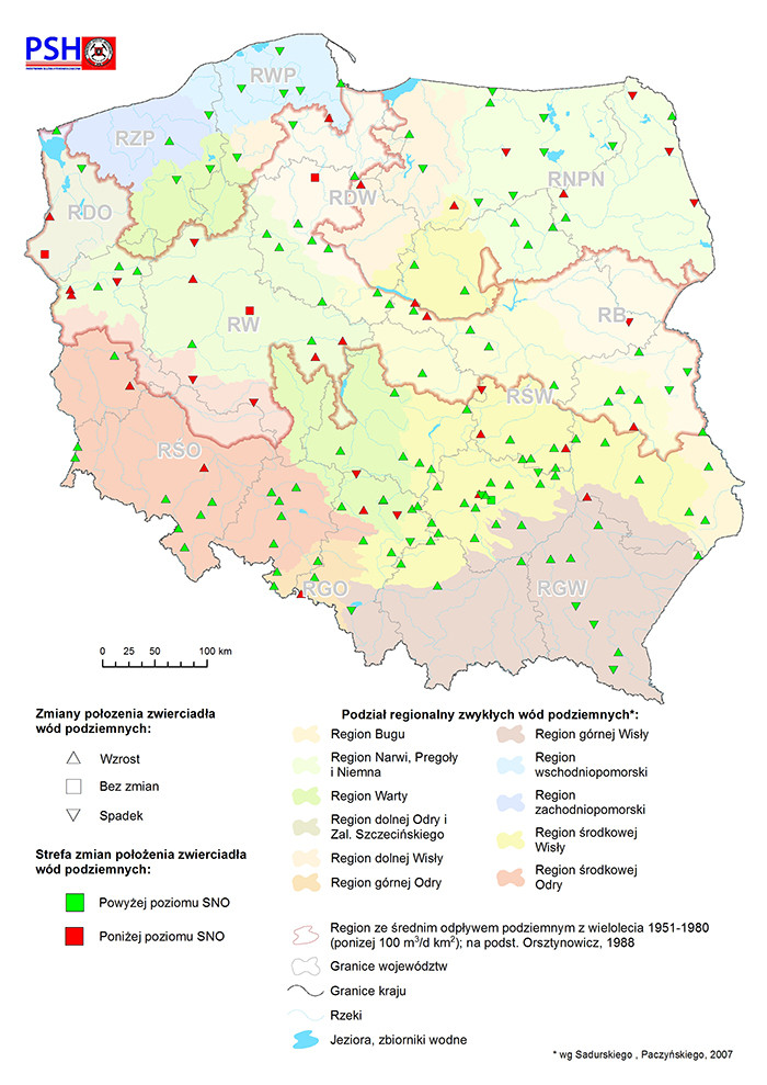  Mapa zmian zwierciadła wody podziemnej w objętych analizą punktach sieci obserwacyjno-badawczej wód podziemnych w październiku 2020 r.