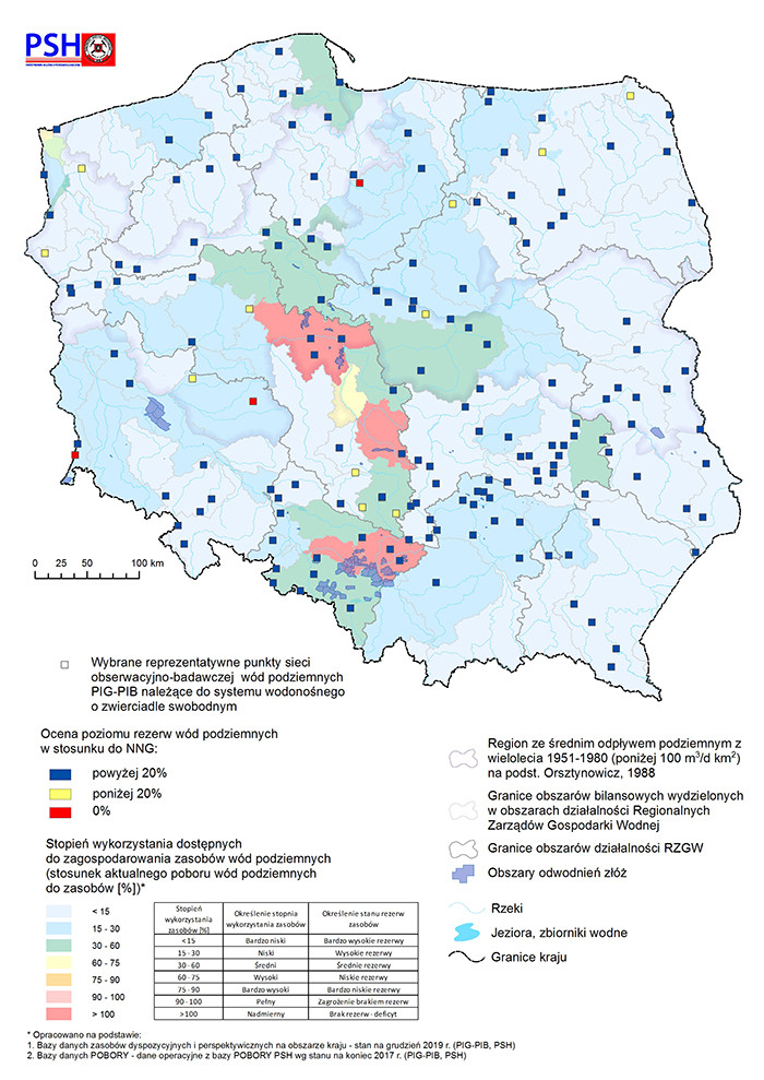 Mapa prezentująca poziom rezerw zasobów wód podziemnych w listopadzie 2020 r. w objętych analizą punktach sieci obserwacyjno-badawczej wód podziemnych.