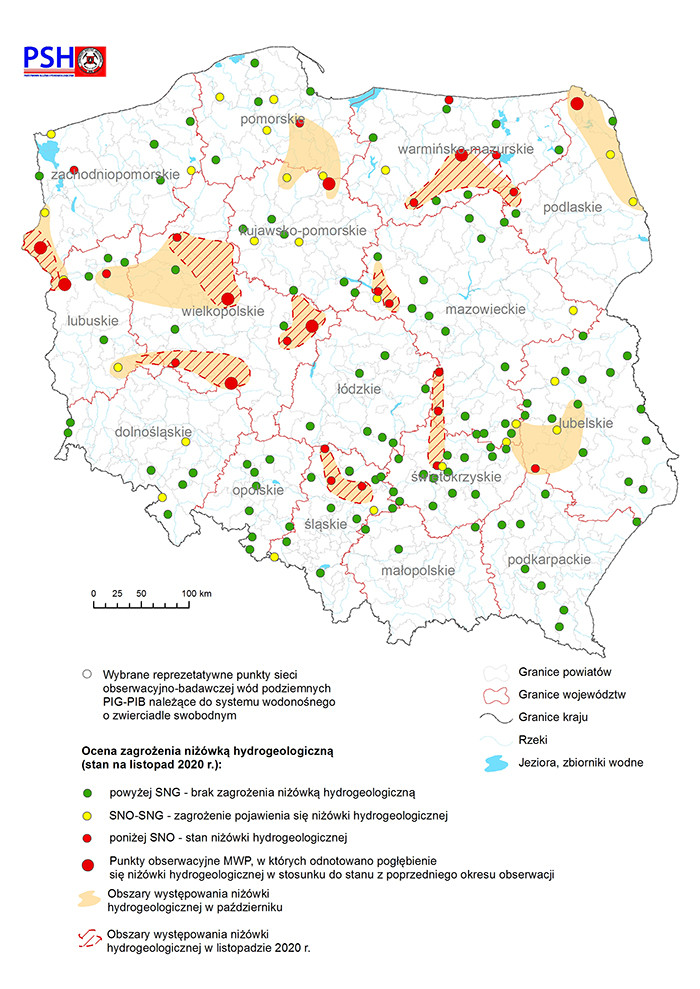 Mapa przedstawiająca zagrożenie niżówką hydrogeologiczną w listopadzie 2020 r.