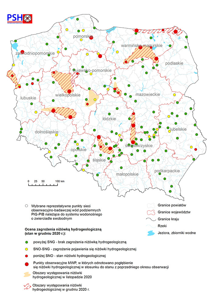 Mapa przedstawiająca zagrożenie niżówką hydrogeologiczną w grudniu 2020 r.