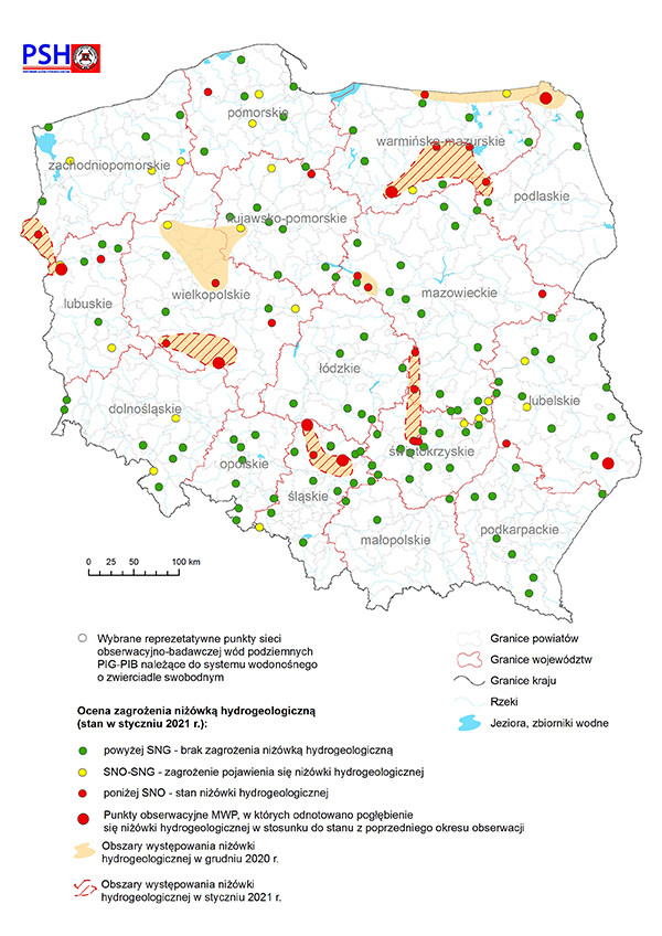 Mapa przedstawiająca zagrożenie niżówką hydrogeologiczną w styczniu 2021 r.