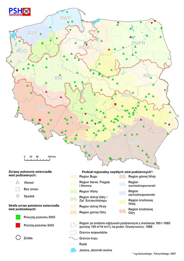  Mapa zmian zwierciadła wody podziemnej w objętych analizą punktach sieci obserwacyjno-badawczej wód podziemnych w trzecim kwartale roku hydrologicznego 2021 r.