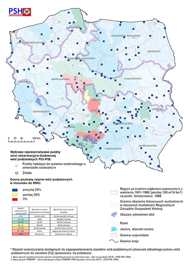 Mapa prezentująca poziom rezerw zasobów wód podziemnych w kwietniu 2021 r. w objętych analizą punktach sieci obserwacyjno-badawczej wód podziemnych