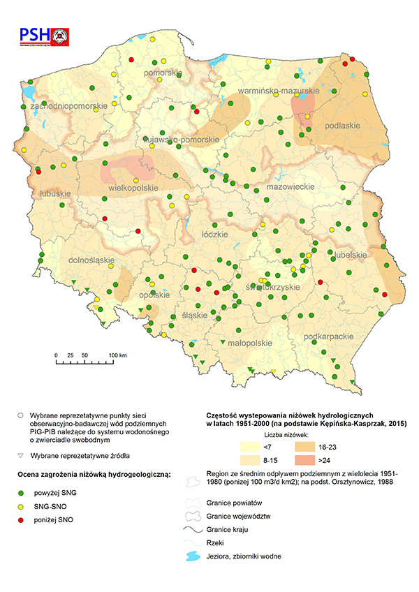 Mapa przedstawiająca ocenę zagrożenia niżówką hydrogeologiczną w kwietniu 2021 r.