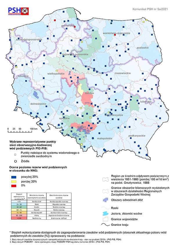 Mapa prezentująca poziom rezerw zasobów wód podziemnych w maju 2021 r. w objętych analizą punktach sieci obserwacyjno-badawczej wód podziemnych