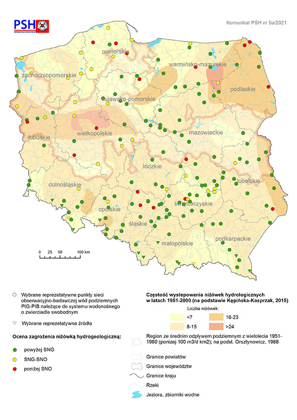 Mapa przedstawiająca ocenę zagrożenia niżówką hydrogeologiczną w maju 2021 r.