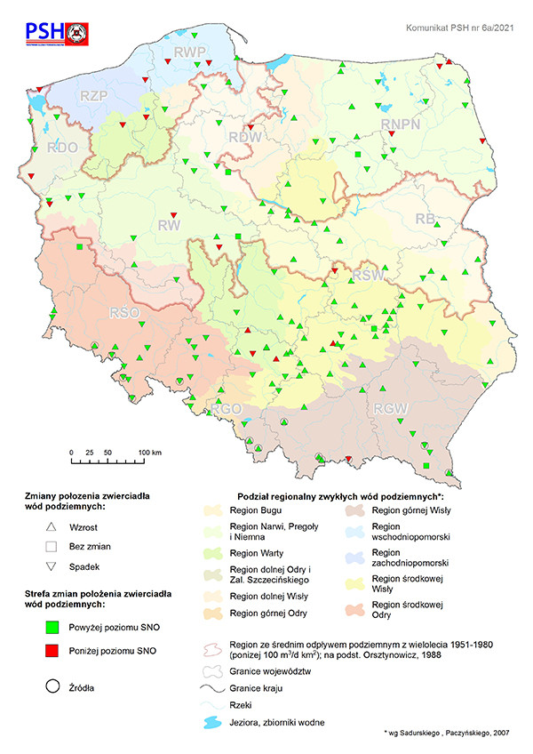 Mapa przedstawiająca zmianę położenia zwierciadła wody podziemnej w objętych analizą punktach sieci obserwacyjno-badawczej wód podziemnych w sierpniu 2021 r.