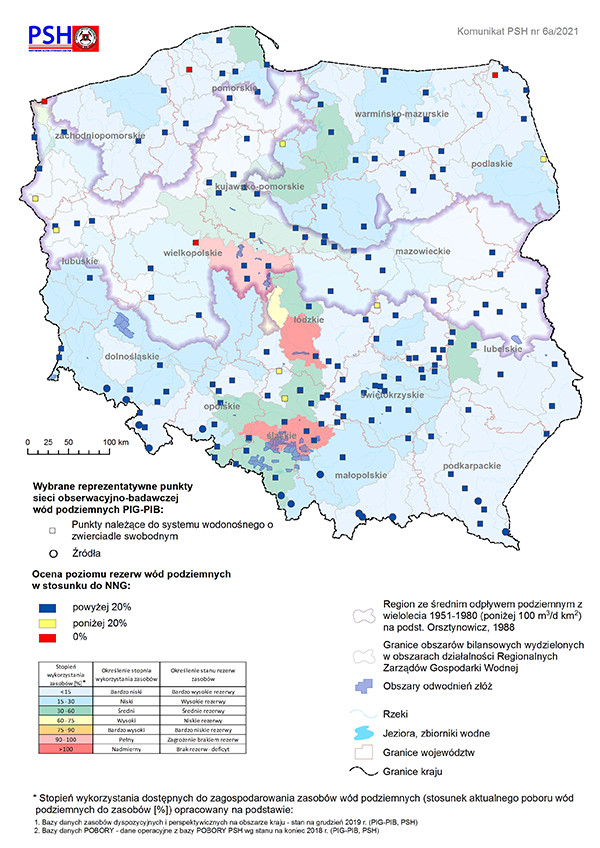 Mapa prezentująca poziom rezerw zasobów wód podziemnych w sierpniu 2021 r. w objętych analizą punktach sieci obserwacyjno-badawczej wód podziemnych