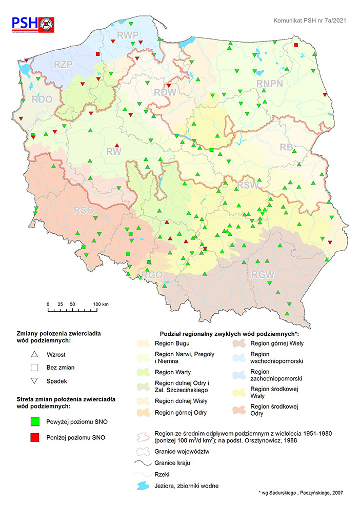 Mapa przedstawiająca zmianę położenia zwierciadła wody podziemnej w objętych analizą punktach sieci obserwacyjno-badawczej wód podziemnych we wrześniu 2021 r.