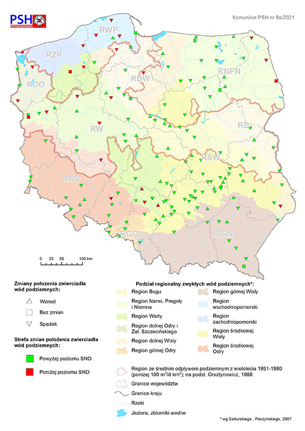 Mapa przedstawiająca zmianę położenia zwierciadła wody podziemnej w objętych analizą punktach sieci obserwacyjno-badawczej wód podziemnych w październiku 2021 r.