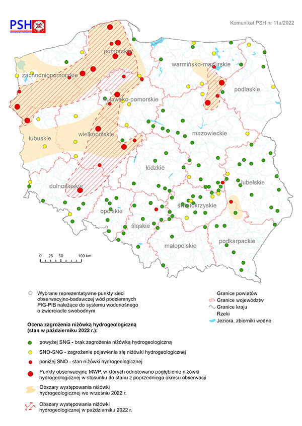 Mapa przedstawiająca ocenę zagrożenia niżówką hydrogeologiczną w październiku 2022 r.