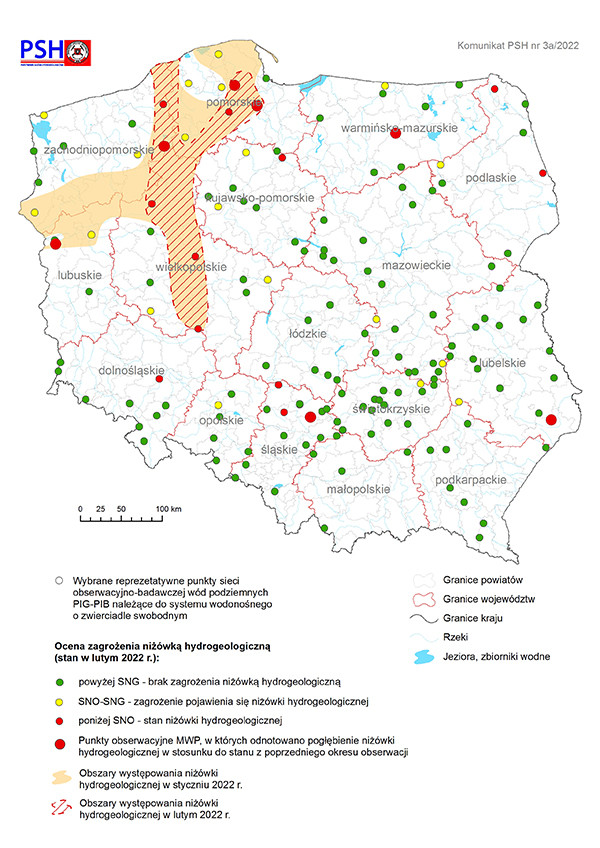 Mapa przedstawiająca ocenę zagrożenia niżówką hydrogeologiczną w lutym 2022 r.