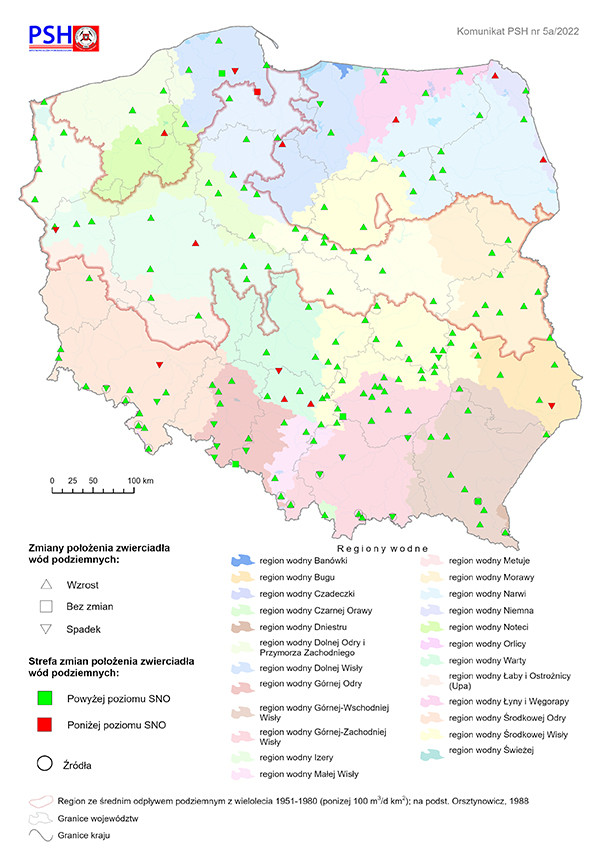 Zmiana położenia zwierciadła wody podziemnej w objętych analizą punktach sieci obserwacyjno-badawczej wód podziemnych w drugim kwartale roku hydrogeologicznego 2022 r.