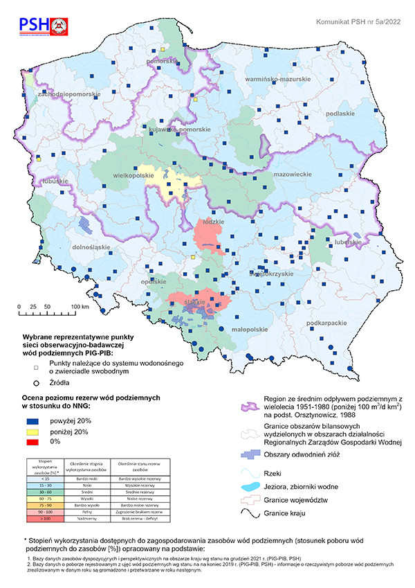 Mapa prezentująca poziom rezerw zasobów wód podziemnych w kwietniu 2022 r. w objętych analizą punktach sieci obserwacyjno-badawczej wód podziemnych