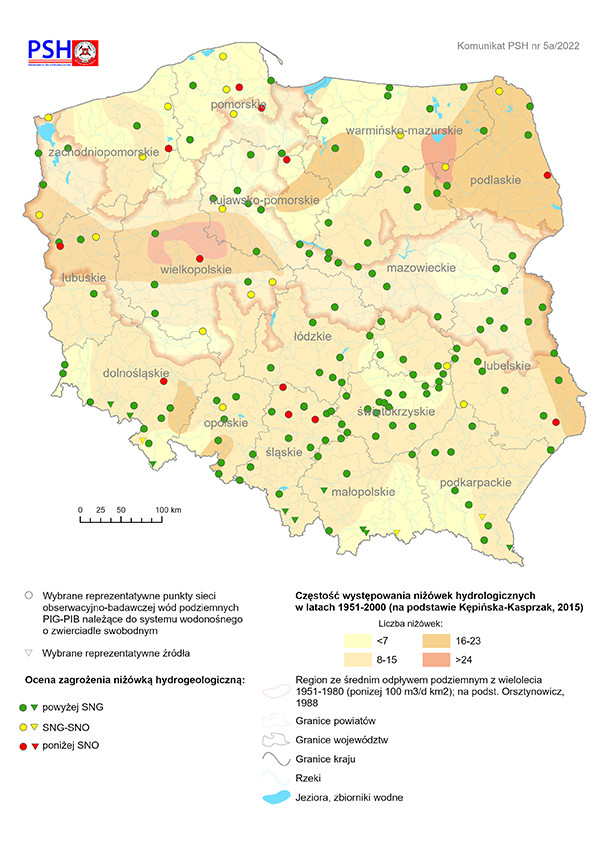 Mapa przedstawiająca ocenę zagrożenia niżówką hydrogeologiczną w kwietniu 2022 r.