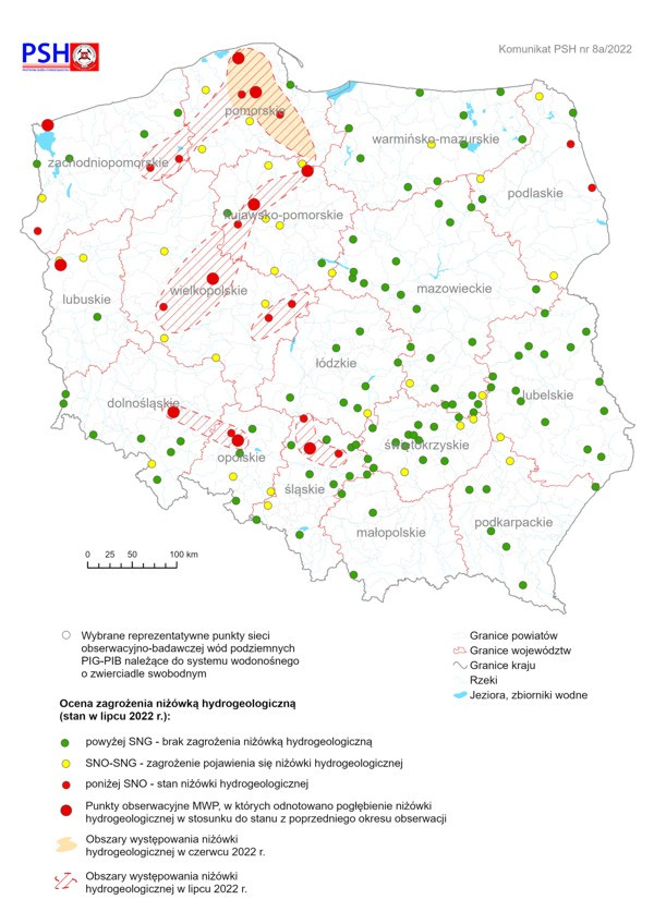 Mapa przedstawiająca ocenę zagrożenia niżówką hydrogeologiczną w lipcu 2022 r.