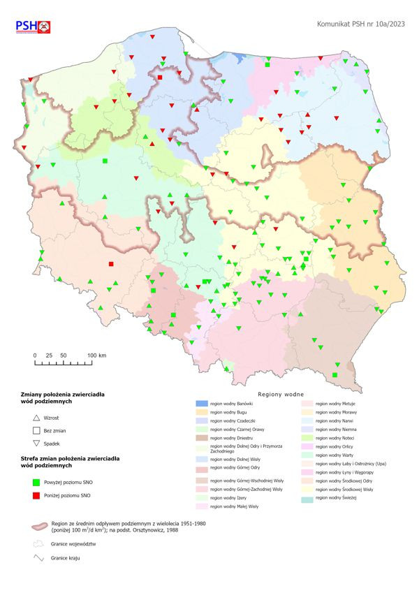 Mapa przedstawiająca zmianę położenia zwierciadła wody podziemnej w objętych analizą punktach sieci obserwacyjno-badawczej wód podziemnych we wrześniu 2023 r.