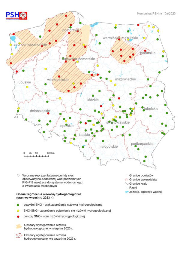 Mapa przedstawiająca ocenę zagrożenia niżówką hydrogeologiczną we wrześniu 2023 r.