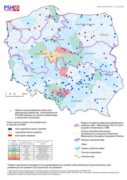 Mapa prezentująca poziom rezerw zasobów wód podziemnych w październiku 2023 r. w objętych analizą punktach sieci obserwacyjno-badawczej wód podziemnych