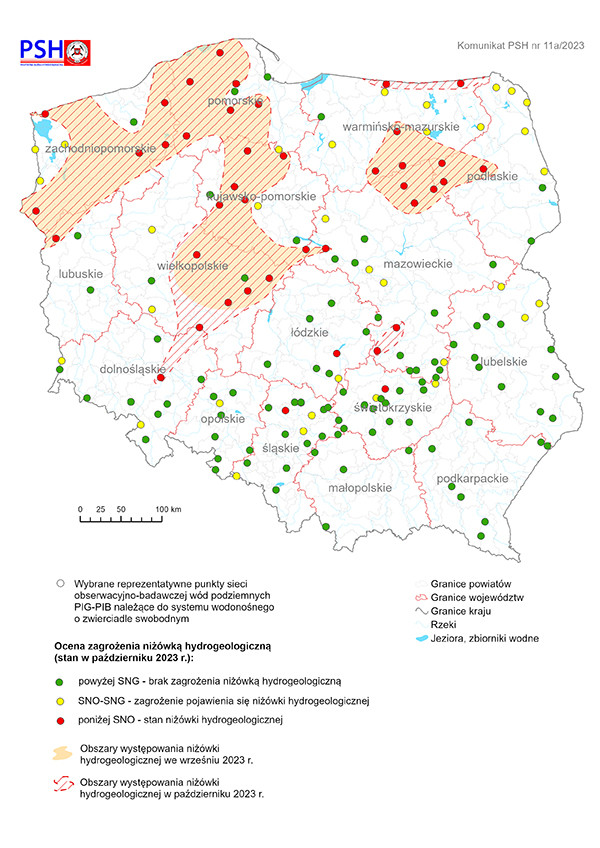 Mapa przedstawiająca ocenę zagrożenia niżówką hydrogeologiczną w październiku 2023 r.