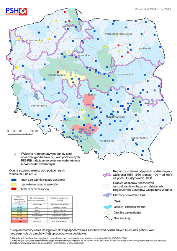 Mapa prezentująca poziom rezerw zasobów wód podziemnych w listopadzie 2022 r. w objętych analizą punktach sieci obserwacyjno-badawczej wód podziemnych