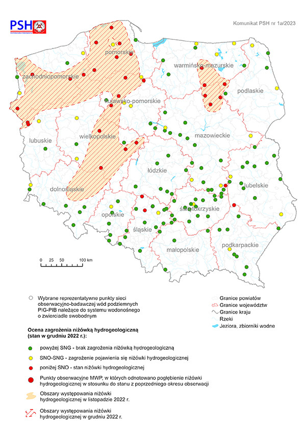 Mapa przedstawiająca ocenę zagrożenia niżówką hydrogeologiczną w listopadzie 2022 r.