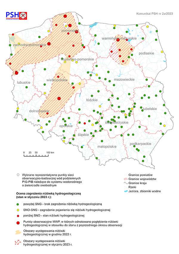 Mapa przedstawiająca ocenę zagrożenia niżówką hydrogeologiczną w styczniu 2023 r.