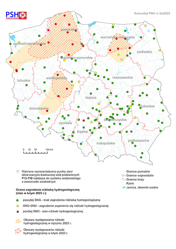 Mapa przedstawiająca ocenę zagrożenia niżówką hydrogeologiczną w lutym 2023 r.