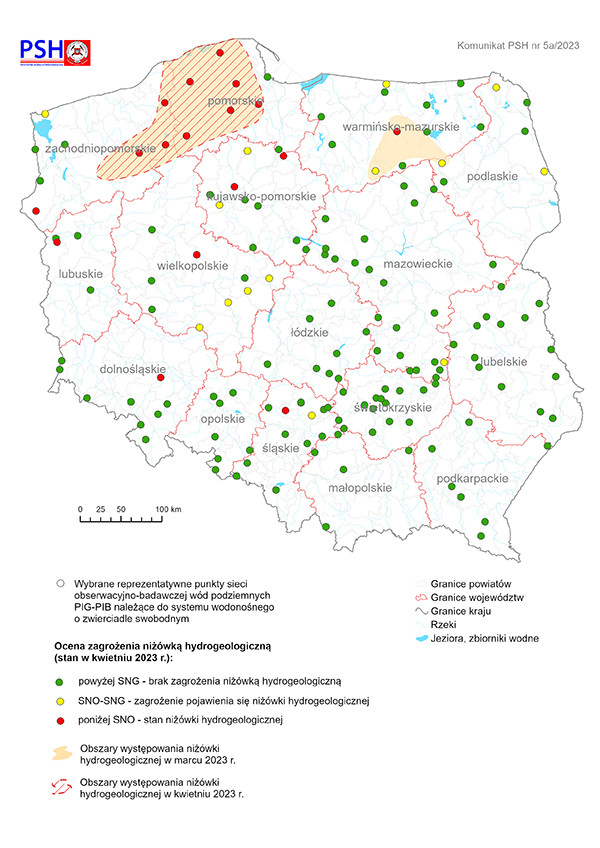 Mapa przedstawiająca ocenę zagrożenia niżówką hydrogeologiczną w kwietniu 2023 r.