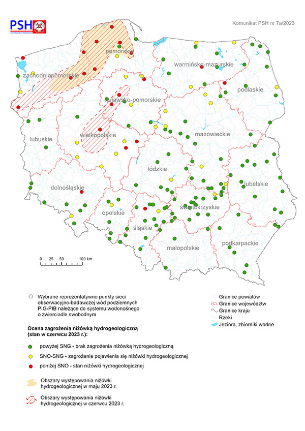 Mapa przedstawiająca ocenę zagrożenia niżówką hydrogeologiczną w czerwcuu 2023 r.