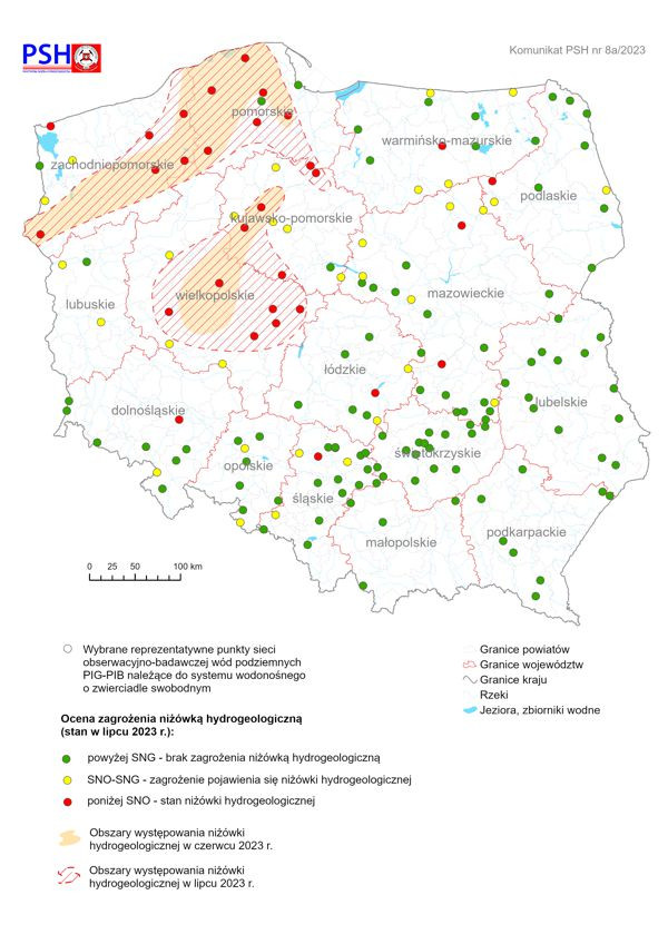 Mapa przedstawiająca ocenę zagrożenia niżówką hydrogeologiczną w lipcu 2023 r.