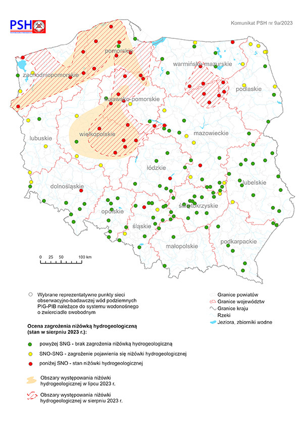 Mapa przedstawiająca ocenę zagrożenia niżówką hydrogeologiczną w sierpniu 2023 r.