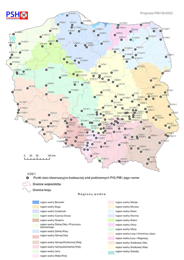 Mapa przedstawiająca lokalizację punktów sieci obserwacyjno-badawczej wód podziemnych, dla których wykonano symulacje rozwoju sytuacji hydrogeologicznej.